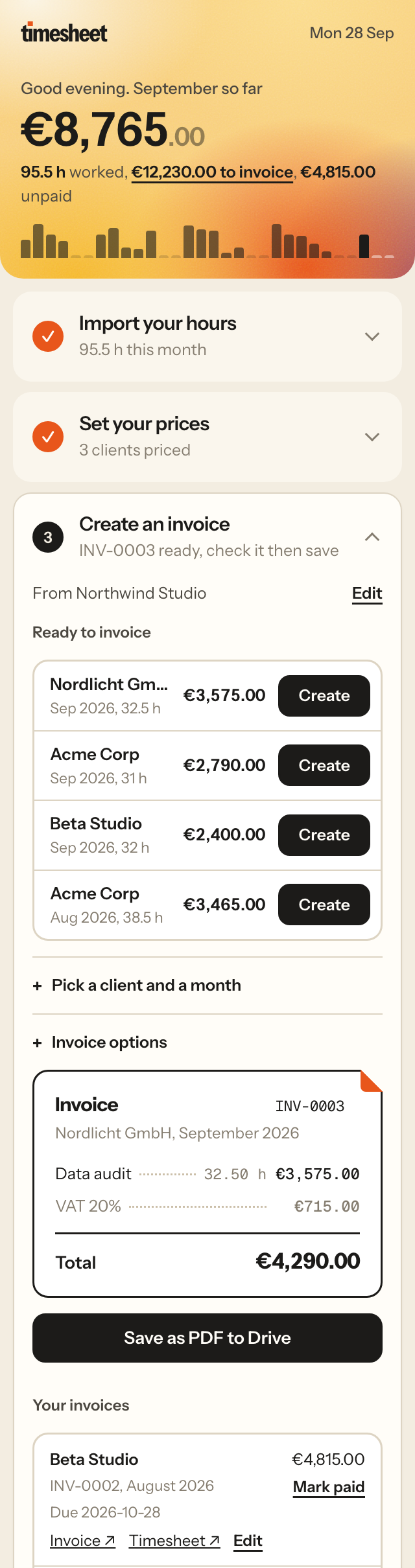The TimeSheet panel in Google Sheets: this month's income, clients ready to invoice and an invoice preview